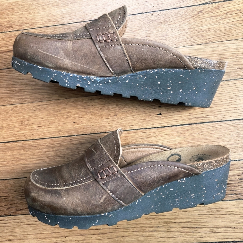 OTBT Brown Leather Slip-On Wedge Clogs